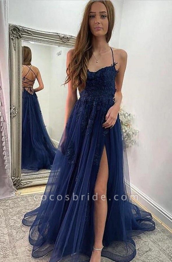 Chic Long A-line Tulle Lace Open Back Formal Prom Dresses with Slit