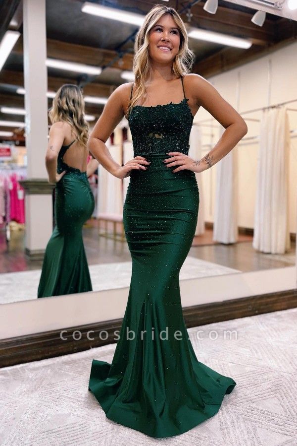 Long Mermaid Strapless Spaghetti Straps Lace Backless Formal Prom Dresses