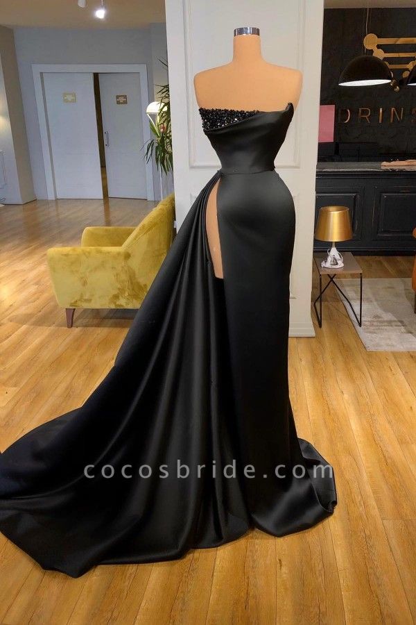 Elegante lange Meerjungfrau trägerlose formelle Ballkleider mit geschlitzten schwarzen Abendkleidern
