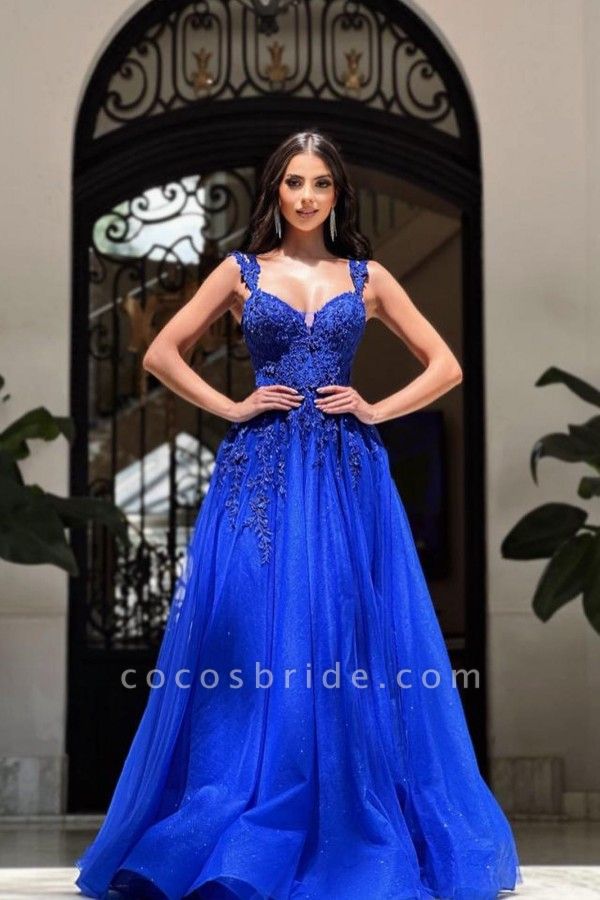 Royal Blue Long A-line Sweetheart Tulle Lace Formal Prom Dresses