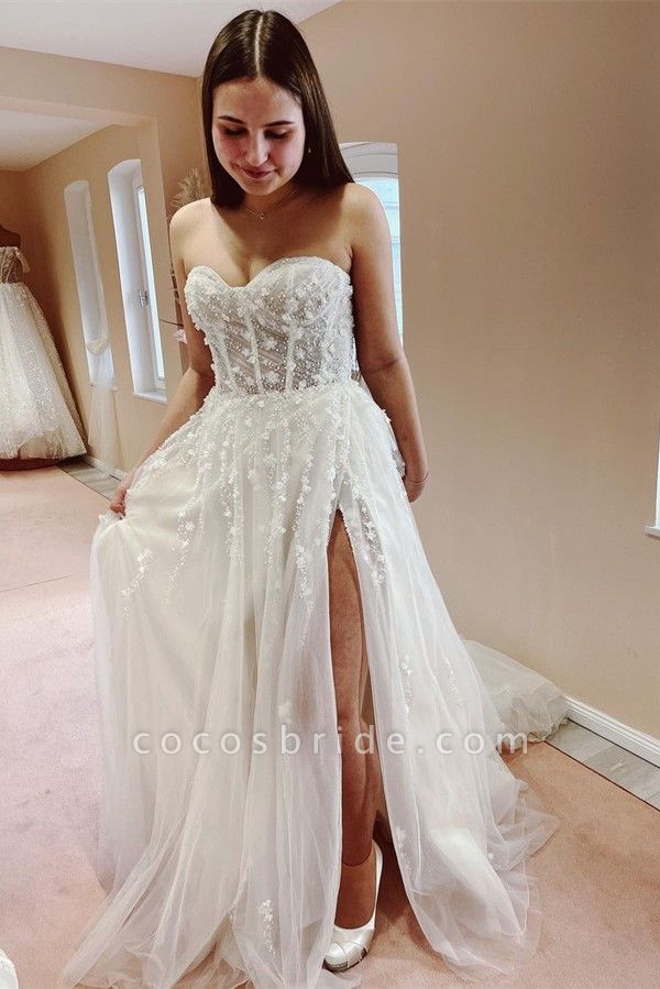Sexy Long A-line Sweetheart Tulle Lace Wedding Dress with Slit