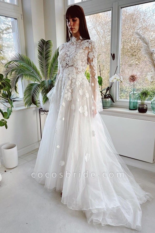Gorgeous Long A-line High Neck Tulle Lace Wedding Dresses with Sleeves