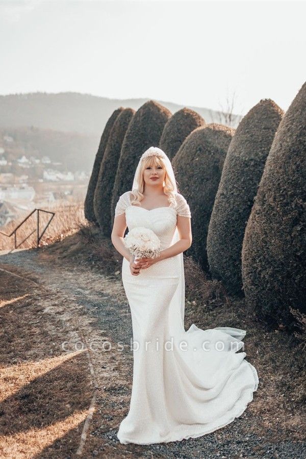 Beautiful White Long Mermaid Jewel Glitter Wedding Dresses