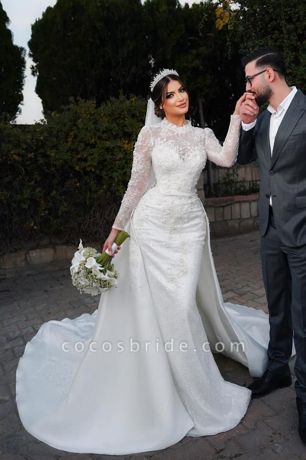Charming Long Sleeves High Neck Satin Lace Wedding Dresses with Chapel Train