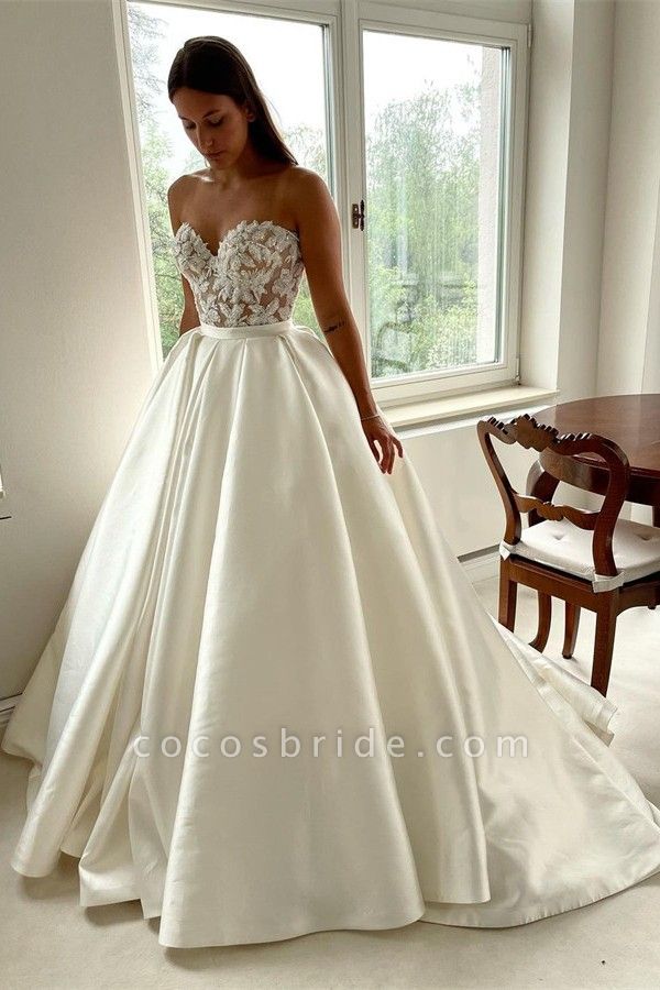 Beautiful Long A-line Sweetheart Satin Lace Wedding Dress