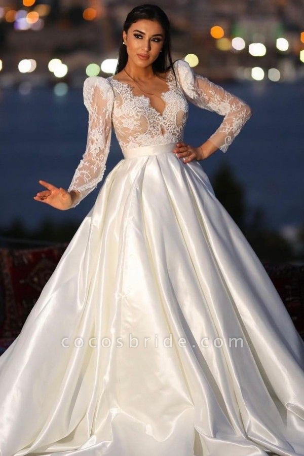 Gorgeous Long A-line Sweetheart Satin Lace Wedding Dresses with Sleeves