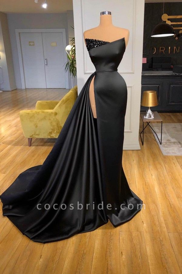 Elegant Black Long Mermaid Strapless Beading Satin Formal Prom Dresses with Slit