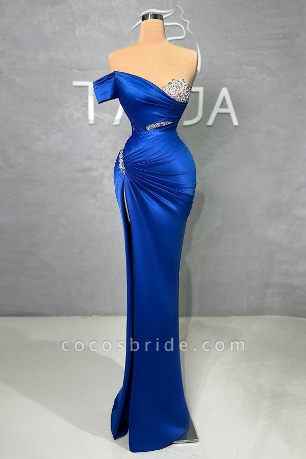 Gorgeous Long Mermaid One Shoulder Satin Formal Prom Dress with Slit