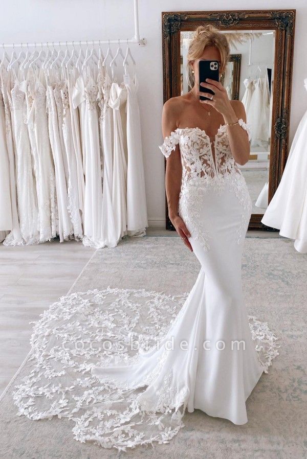 Elegant Long Mermaid Off the Shoulder Chiffon Lace Backless Wedding Dresses