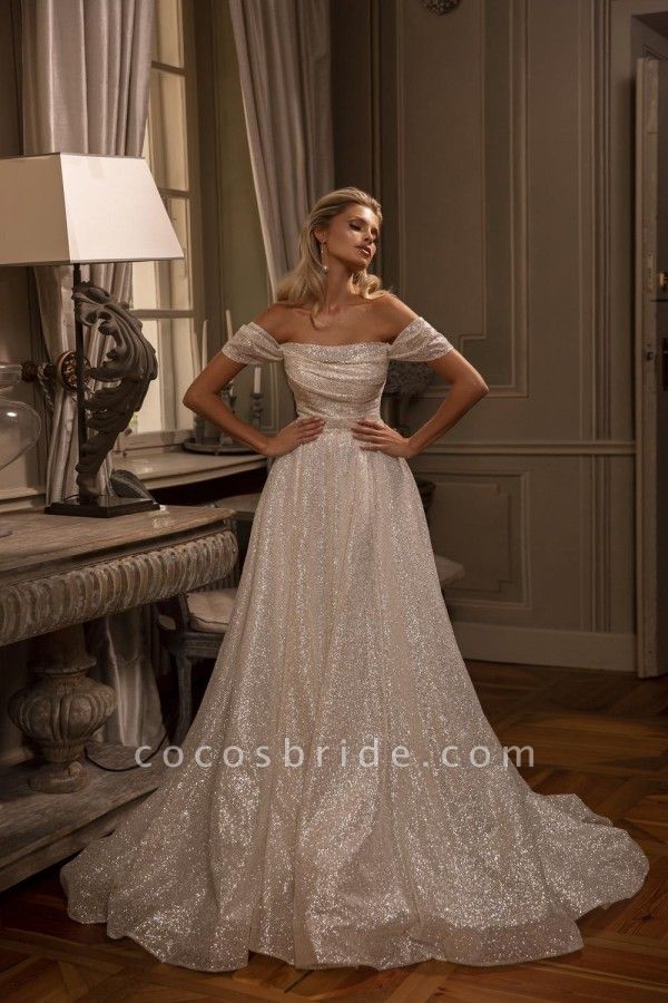 Modern Glitter Long A-line Off the Shoulder Wedding Dresses