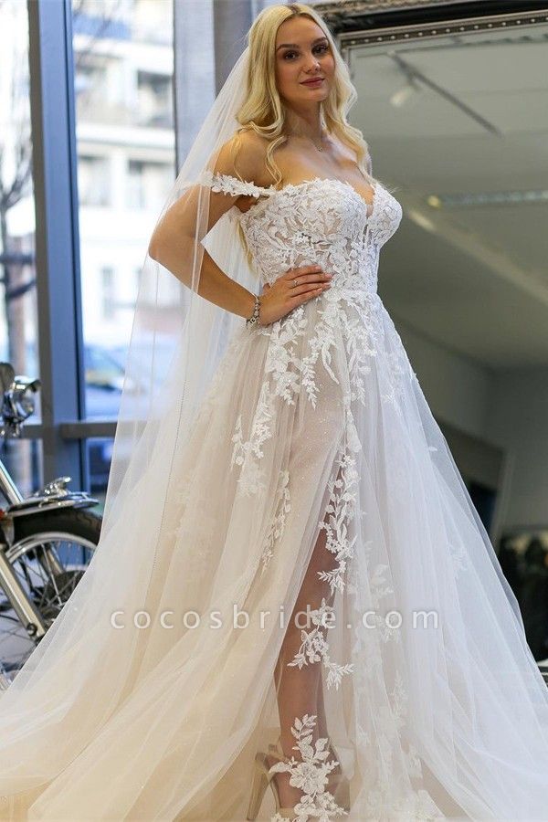 Modern Long A-line Off the Shoulder Tulle Lace Wedding Dress with slit