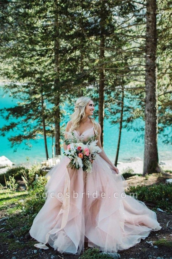 Beautiful Long Ball Gown V-neck Tulle Backless Wedding Dresses
