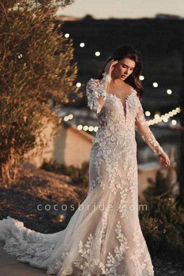 Gorgeous Long Mermaid Sweetheart Tulle Lace Wedding Dresses with Sleeves