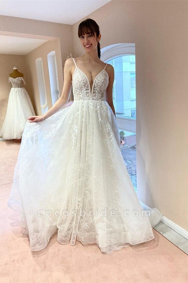 Boho White Long A-line V-neck Tulle Lace Backless Wedding Dresses