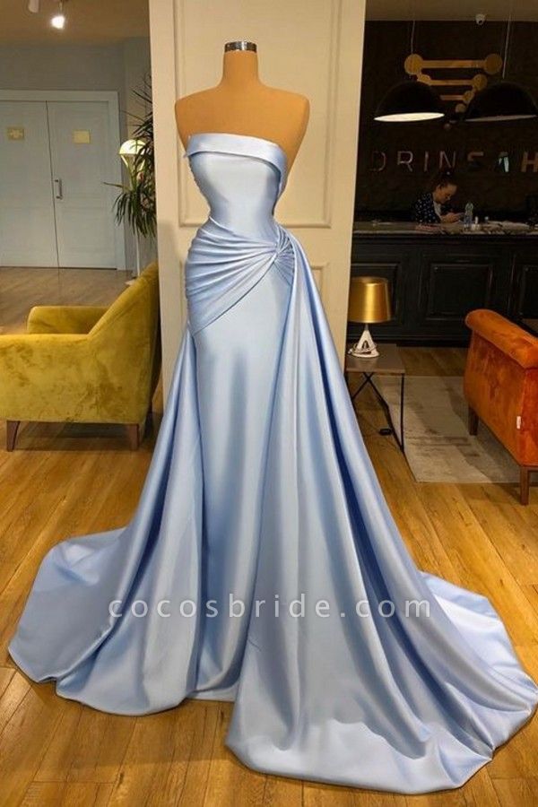 Elegant Sky Blue Long Mermaid Strapless Satin Formal Prom Dresses