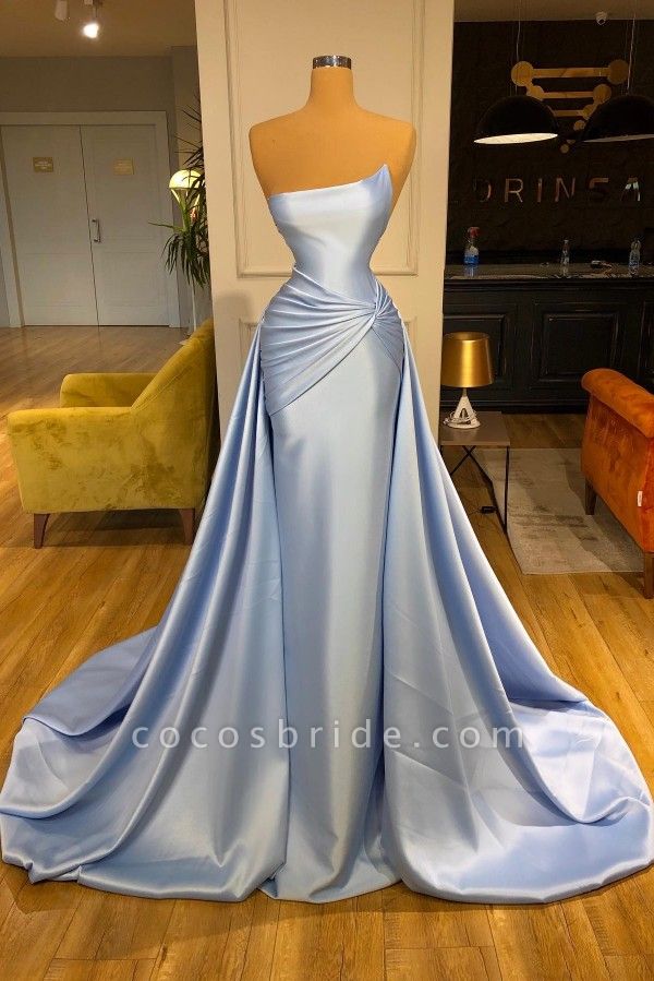 Elegant Long Mermaid Strapless Satin Formal Prom dresses Sky Blue Evening Gowns