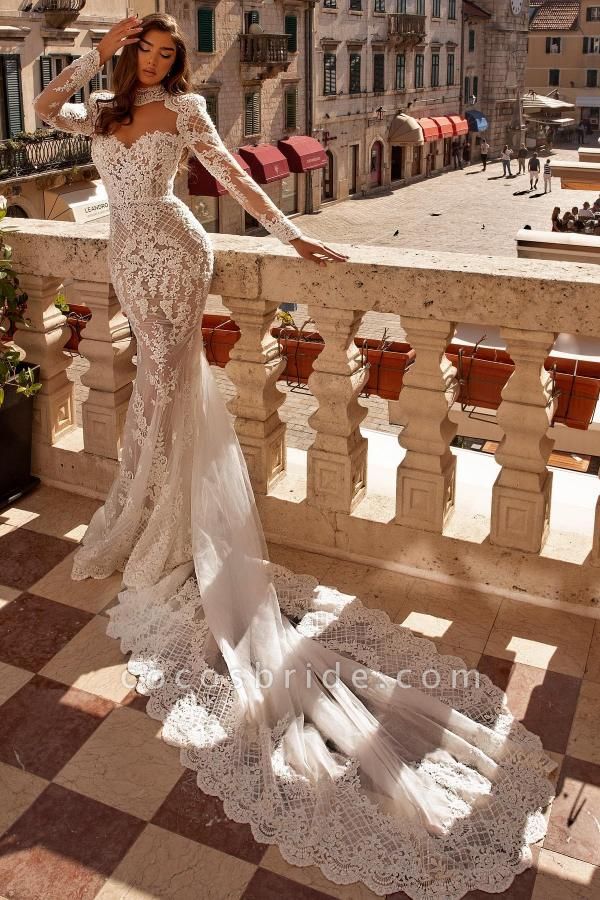 Elegant Long Mermaid High Neck Tulle Lace Wedding Dresses with Sleeves