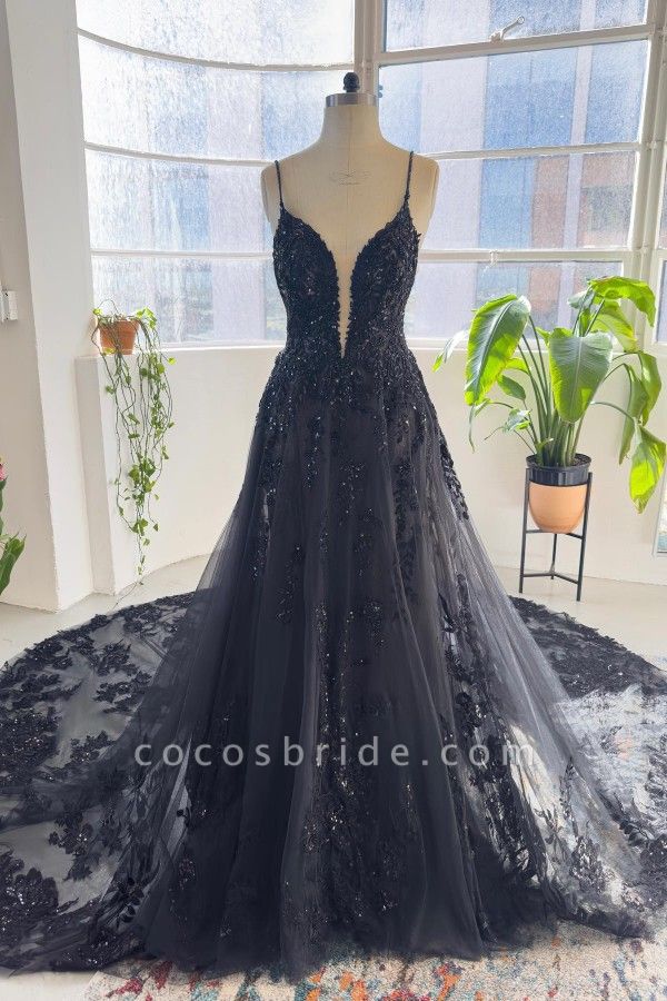 Elegante schwarze lange Brautkleider in A-Linie mit V-Ausschnitt, Tüll und Spitze und offenem Rücken