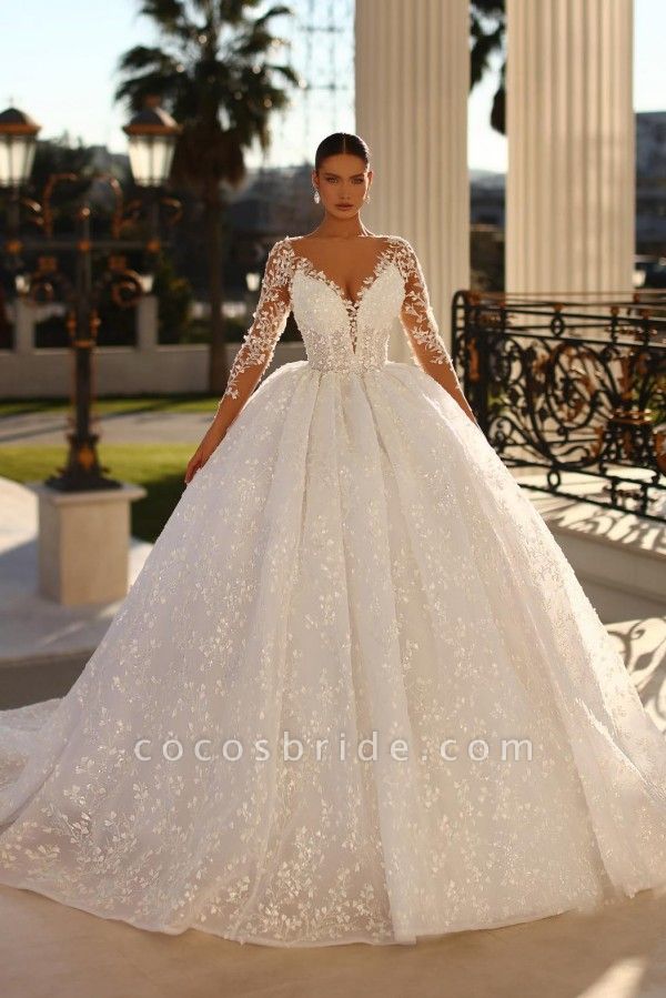 Long Ball Gown Sweetheart Tulle Lace Appliques Wedding Dresses with Sleeves