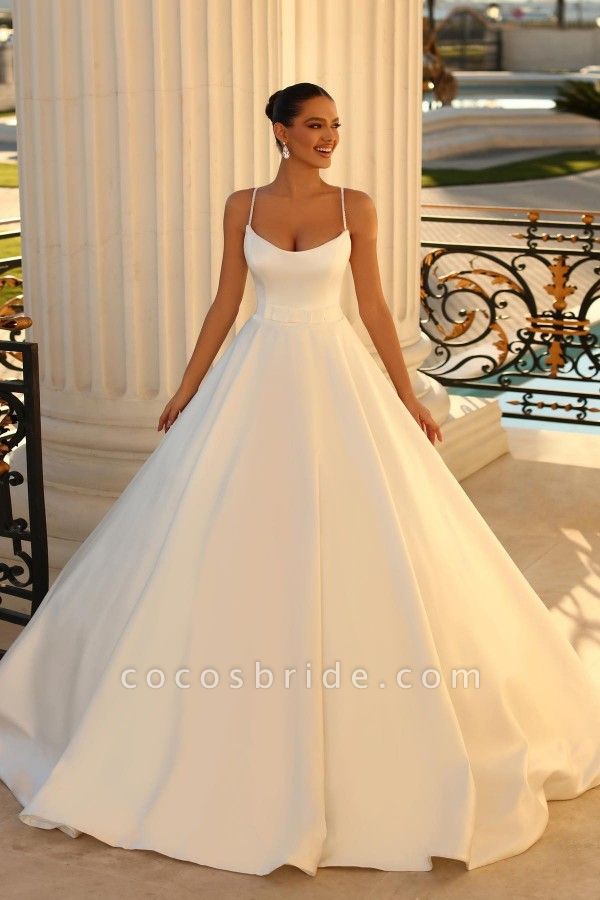 Simple Long A-line Strapless Spaghetti Straps Satin Backless Wedding Dresses