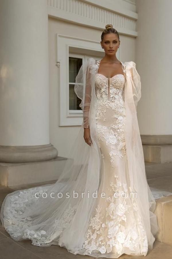 Elegant Long Mermaid Sweetheart Tulle Lace Wedding Dresses with Jacket