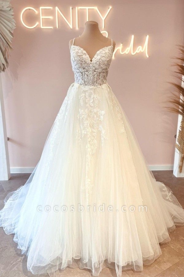 Simple Long A-line Sweetheart Lace Tulle Backless Wedding Dresses