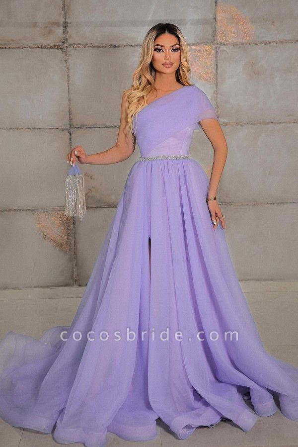 Elegant Long A-line One Shoulder Tulle Formal Prom Dresses with Slit
