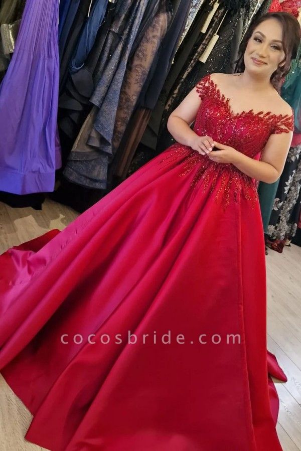 Gorgeous Long Ball Gown Off the Shoulder Satin Lace Formal Prom Dresses
