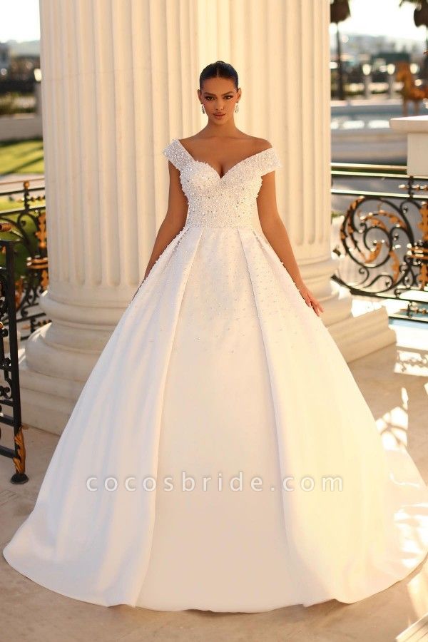 Elegant Long Ball Gown Off the Shoulder Satin Backless Wedding Dresses