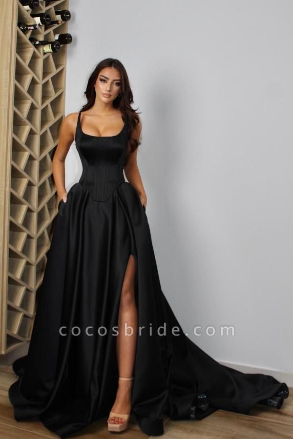 Black Long A-line Satin Front Slit Formal Prom Dresses with Pockets