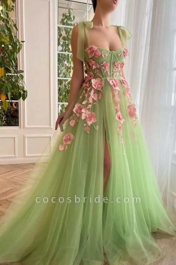 Long A-line Sweetheart Tulle Flower Formal Prom Dresses with Slit