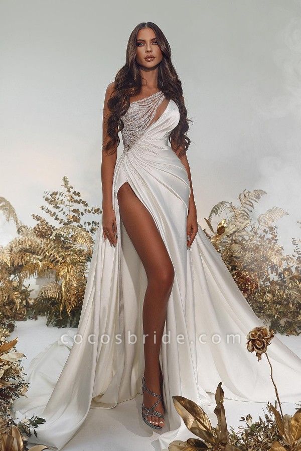 Elegant Long A-line One Shoulder Satin Beading Formal Prom Dresses with Slit