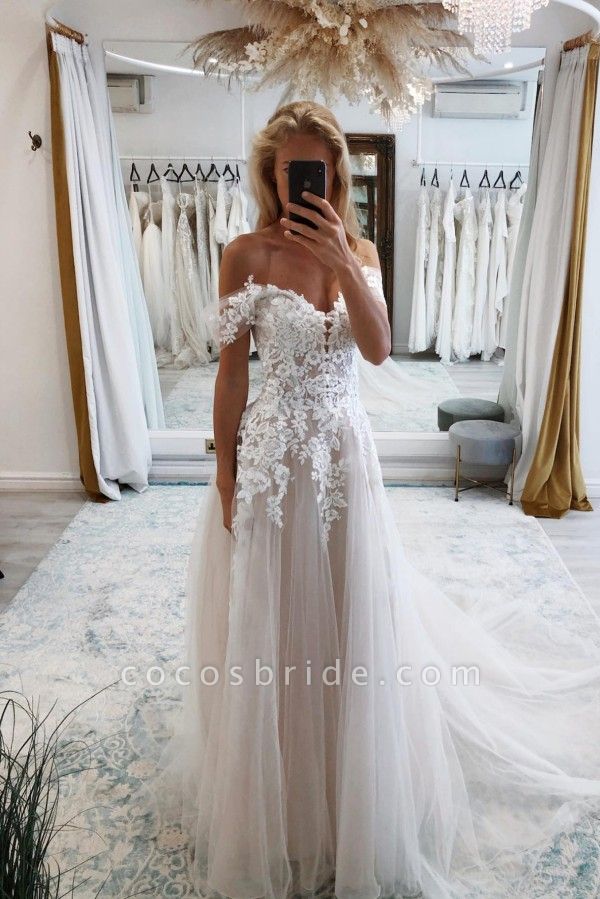 Boho Long A-line Off the Shoulder Tulle Lace Backless Wedding Dresses