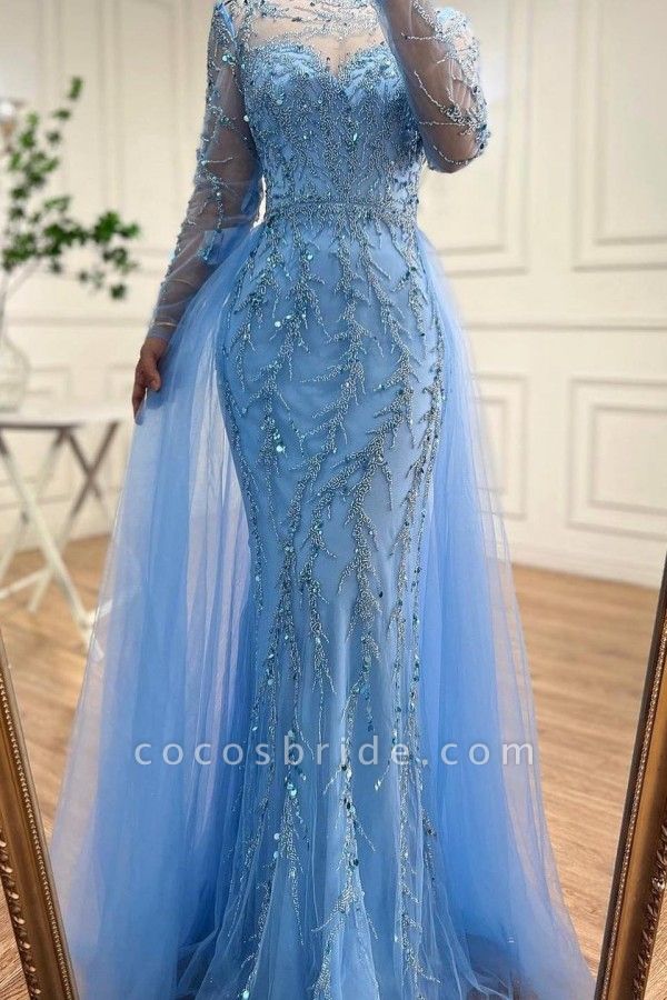 Sky-blue Mermaid Jewel Neck Tulle Appliques Floor Length Prom Dress with Long Sleeves