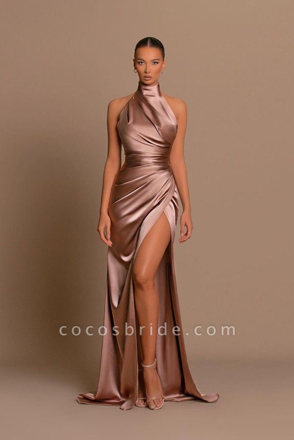 Simple Long Mermaid High Neck Satin Formal Prom Dresses with Slit
