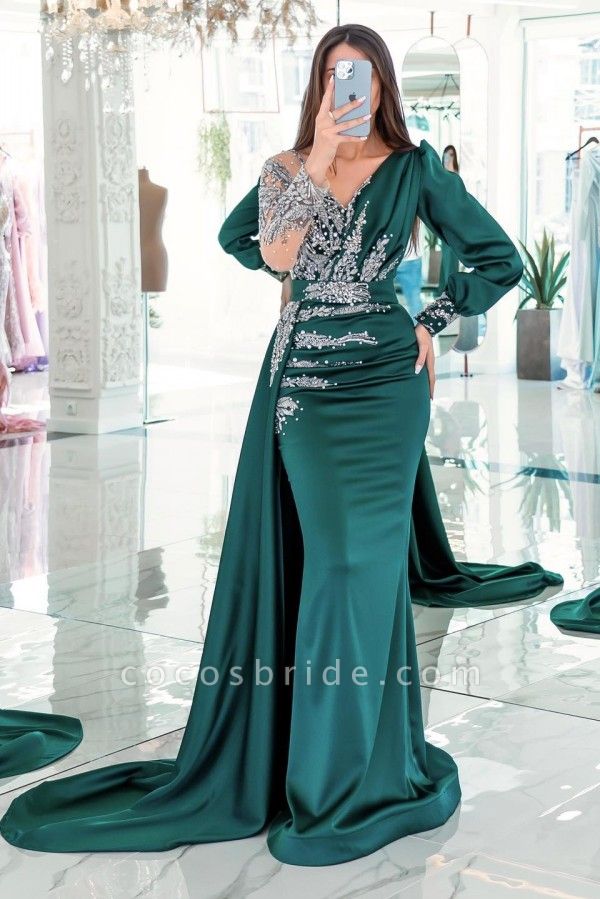 Wunderschöne lange, formelle Abendkleider aus Satin mit V-Ausschnitt und Perlenbesatz im Meerjungfrau-Stil mit Ärmeln