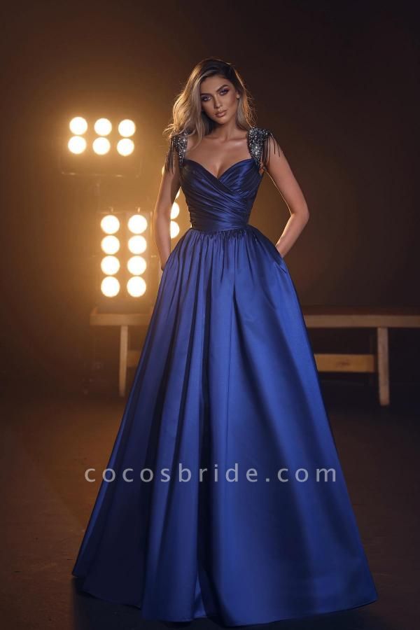 Royal Blue Long A-line Sweetheart Satin Beaded Formal Prom Dresses