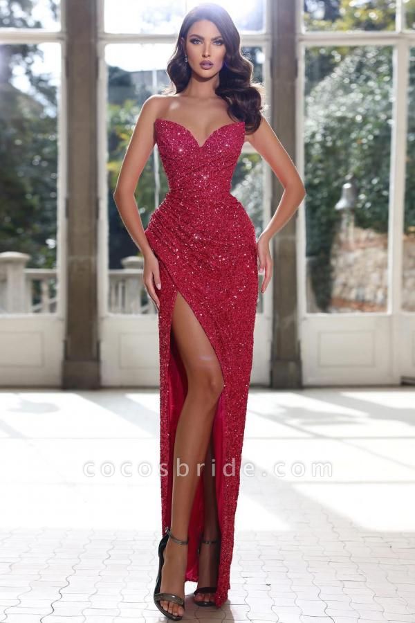 Simple Red Mermaid Sweetheart Sequined Sleeveless Long Prom Dress with Split