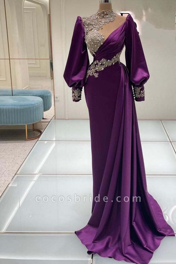 Purple Long Sleeves High Neck Sparkle Beaded Mermaid Prom Dress
