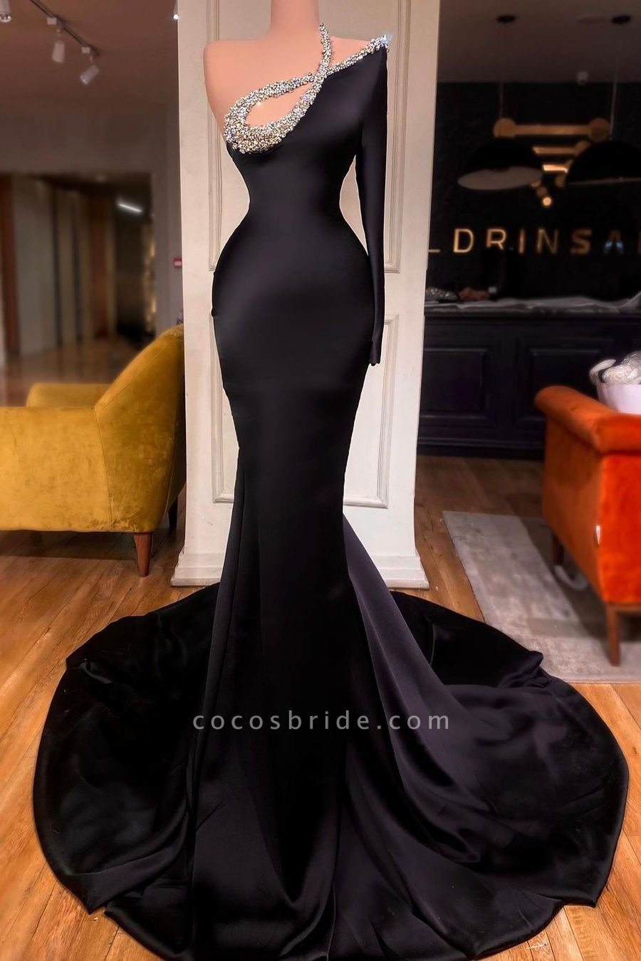 Long Sleeves Black One Shoulder Satin Beads Prom Dresses with Sleeves