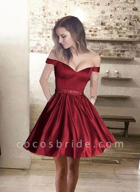 Short A-line Off The Shoulder Stretch Satin Prom Dresses with Pockets