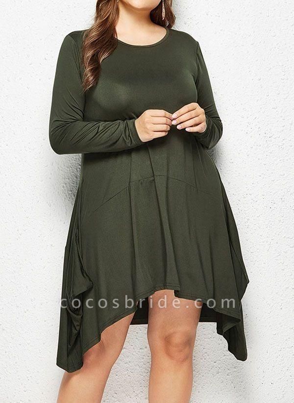 Military Green Plus Size Skater Solid Round Neckline Casual Above Knee Plus Dress