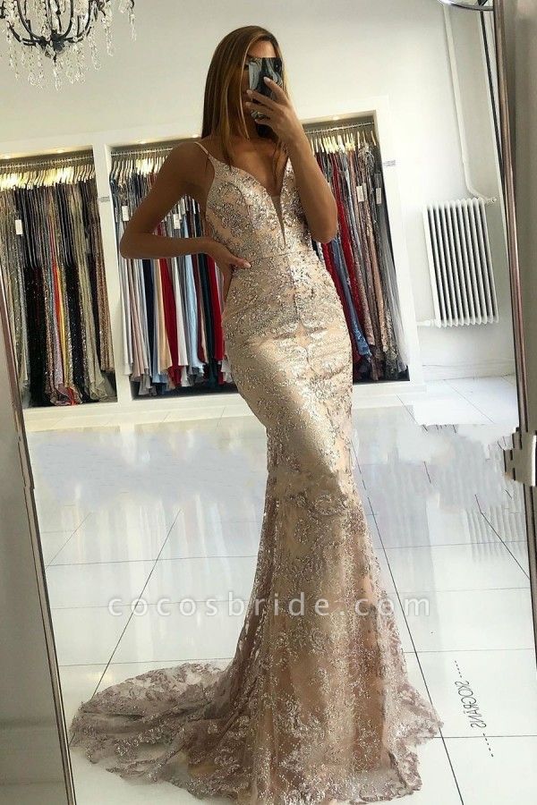 Elegant Sweetheart Spaghetti Straps Appliques Lace Floor-length Mermaid Prom Dress