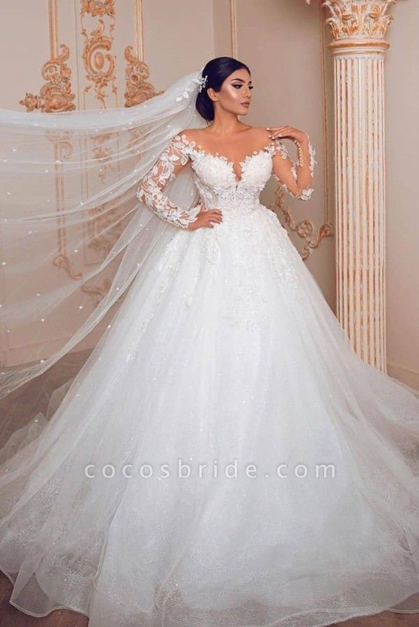 Bescheidenes Prinzessinnen-Hochzeitskleid aus Tüll mit langen Ärmeln