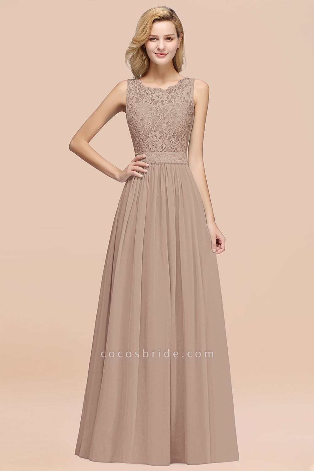 BM0834 Chiffon A-Line Lace Scalloped Sleeveless Long Ruffles Bridesmaid Dress