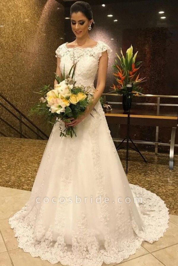 Simple Long A-line Lace Jewel Floor Length Wedding Dress