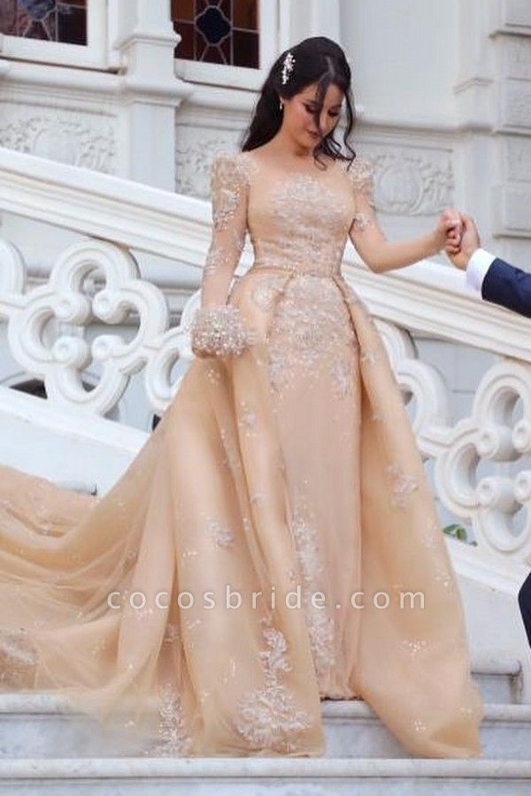 Wunderschönes, langärmliges, abnehmbares Bateau-Hochzeitskleid aus Tüll