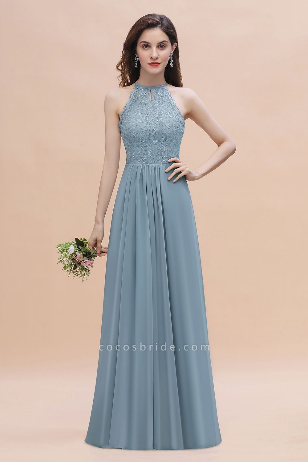 Halter Appliques Lace A-Line Chiffon Floor-length Bridesmaid Dress With Pockets