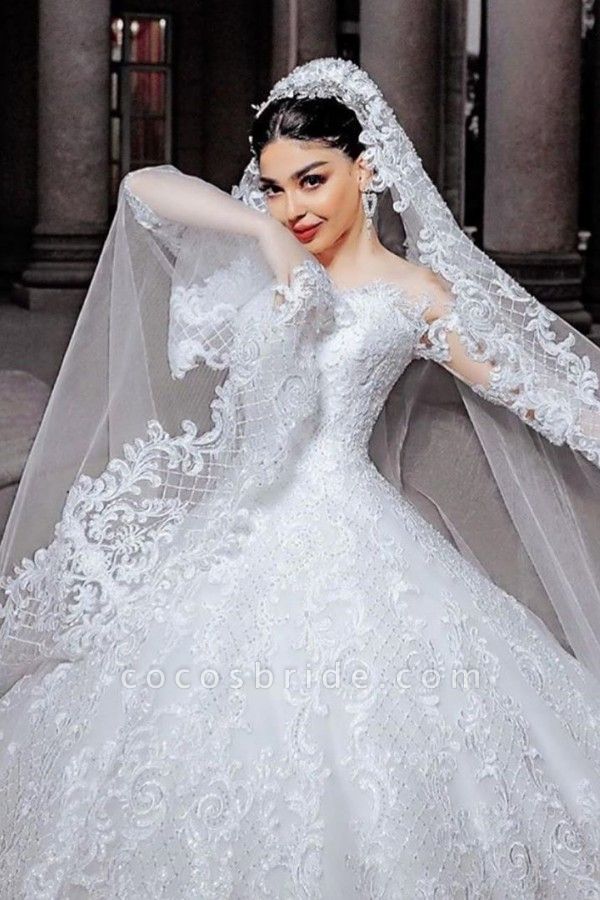 Long Princess Tulle Beads Appliques Wedding Dress with Sleeves