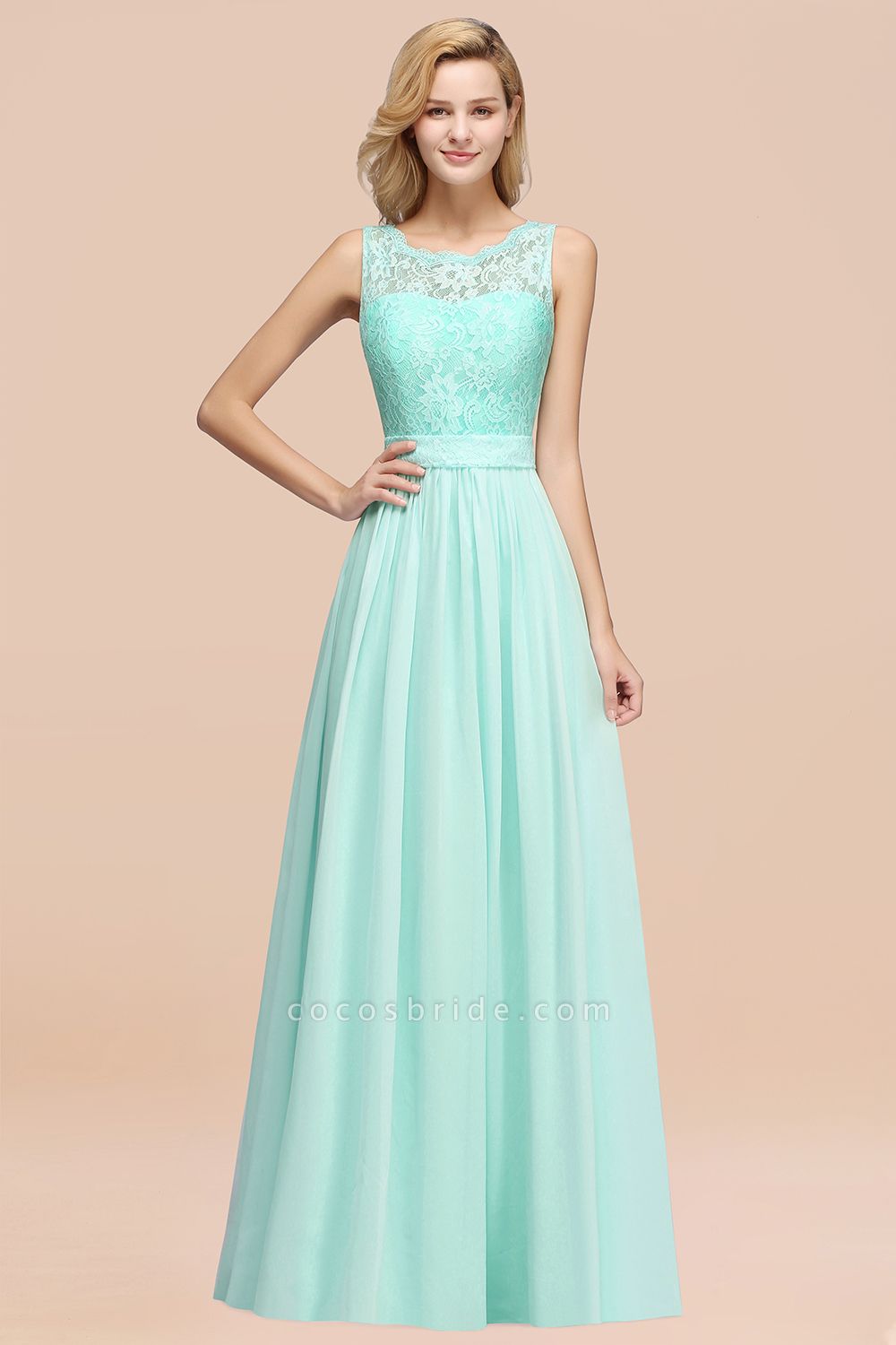 BM0834 Chiffon A-Line Lace Scalloped Sleeveless Long Ruffles Bridesmaid Dress